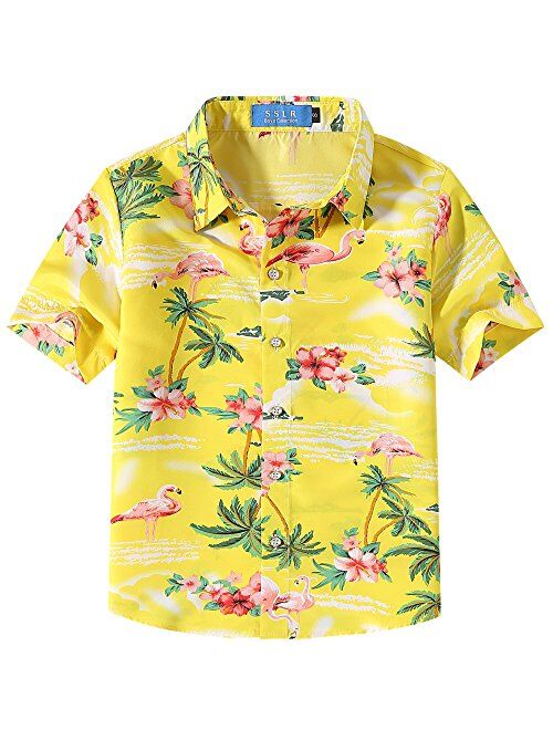 SSLR Big Boy's Flamingos Button Down Short Sleeve Aloha Hawaiian Shirt