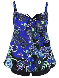 Women's Plus Size Swimwear Floral Tankini Set Drawtring Modest Two Piece Swimsuit