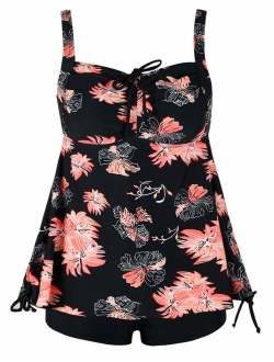 Women's Plus Size Swimwear Floral Tankini Set Drawtring Modest Two Piece Swimsuit