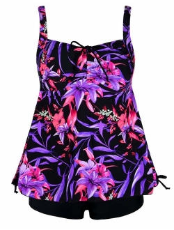 Women's Plus Size Swimwear Floral Tankini Set Drawtring Modest Two Piece Swimsuit