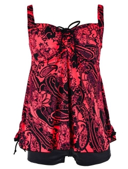 Women's Plus Size Swimwear Floral Tankini Set Drawtring Modest Two Piece Swimsuit