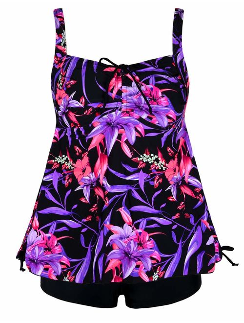 Hilor Women's Plus Size Swimwear Floral Tankini Set Drawtring Modest Two Piece Swimsuit