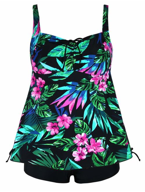 Hilor Women's Plus Size Swimwear Floral Tankini Set Drawtring Modest Two Piece Swimsuit