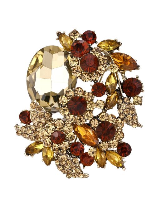 EVER FAITH Rhinestone Crystal Party Flower Leaf Vine Brooch