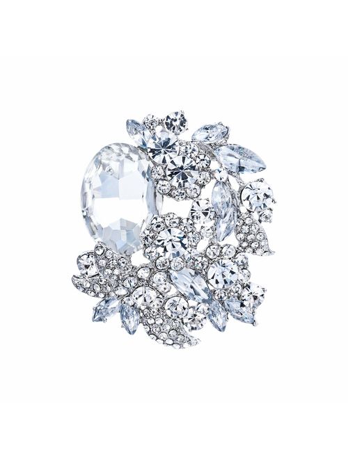 EVER FAITH Rhinestone Crystal Party Flower Leaf Vine Brooch