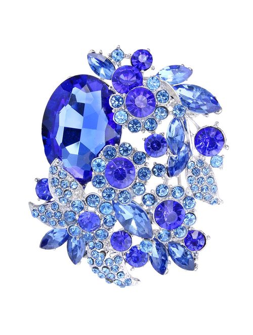 EVER FAITH Rhinestone Crystal Party Flower Leaf Vine Brooch