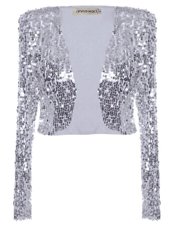 ANNA-KACI Womens Shiny Sequin Long Sleeve Cropped Blazer Bolero Shrug