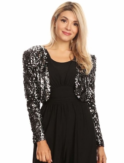 ANNA-KACI Womens Shiny Sequin Long Sleeve Cropped Blazer Bolero Shrug