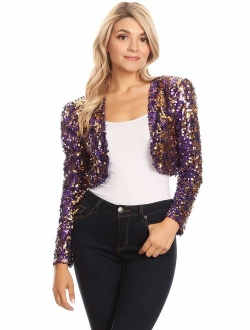 ANNA-KACI Womens Shiny Sequin Long Sleeve Cropped Blazer Bolero Shrug