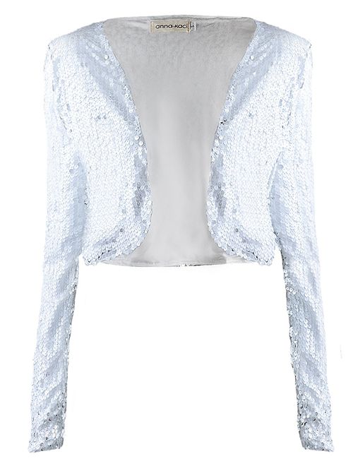 Anna Kaci ANNA-KACI Womens Shiny Sequin Long Sleeve Cropped Blazer Bolero Shrug