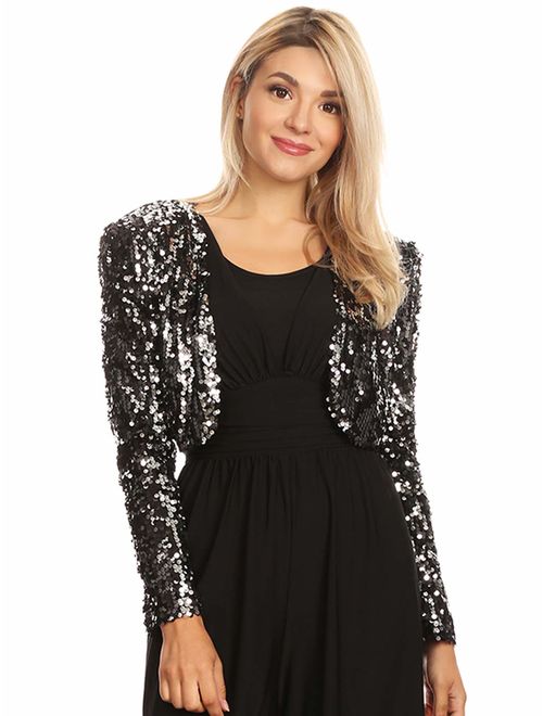 Anna Kaci ANNA-KACI Womens Shiny Sequin Long Sleeve Cropped Blazer Bolero Shrug