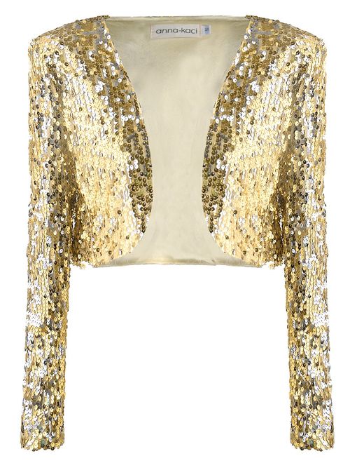 Anna Kaci ANNA-KACI Womens Shiny Sequin Long Sleeve Cropped Blazer Bolero Shrug