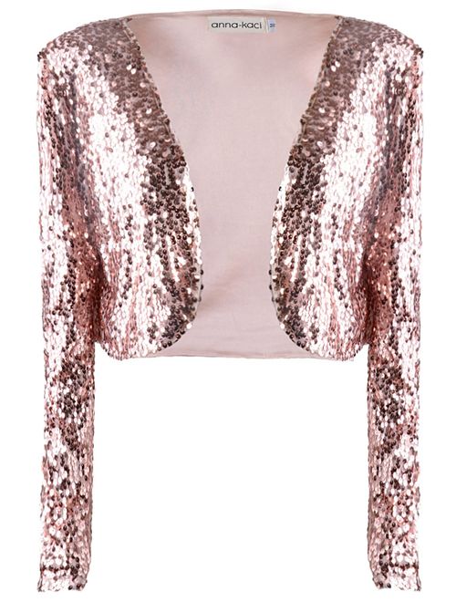 Anna Kaci ANNA-KACI Womens Shiny Sequin Long Sleeve Cropped Blazer Bolero Shrug