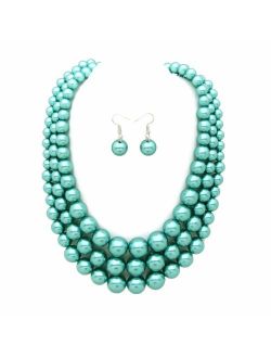 Women's Simulated Faux Three Multi-Strand Pearl Statement Necklace and Earrings Set