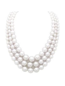 Women's Simulated Faux Three Multi-Strand Pearl Statement Necklace and Earrings Set