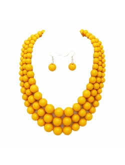 Women's Simulated Faux Three Multi-Strand Pearl Statement Necklace and Earrings Set