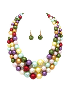 Women's Simulated Faux Three Multi-Strand Pearl Statement Necklace and Earrings Set