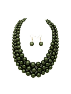 Women's Simulated Faux Three Multi-Strand Pearl Statement Necklace and Earrings Set