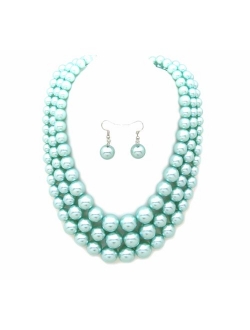 Women's Simulated Faux Three Multi-Strand Pearl Statement Necklace and Earrings Set