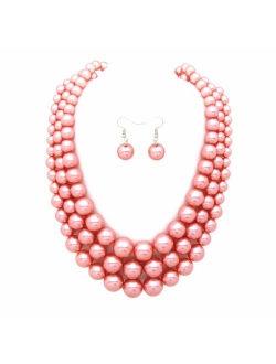 Women's Simulated Faux Three Multi-Strand Pearl Statement Necklace and Earrings Set