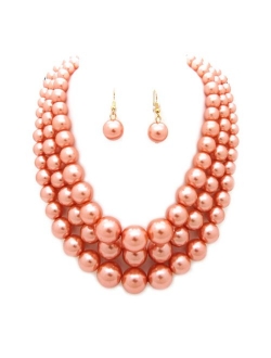 Women's Simulated Faux Three Multi-Strand Pearl Statement Necklace and Earrings Set