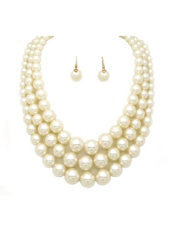 Women's Simulated Faux Three Multi-Strand Pearl Statement Necklace and Earrings Set