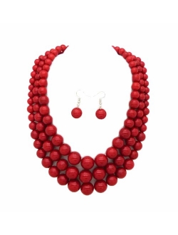 Women's Simulated Faux Three Multi-Strand Pearl Statement Necklace and Earrings Set