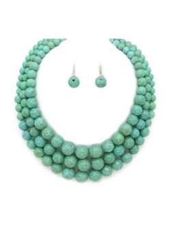 Women's Simulated Faux Three Multi-Strand Pearl Statement Necklace and Earrings Set