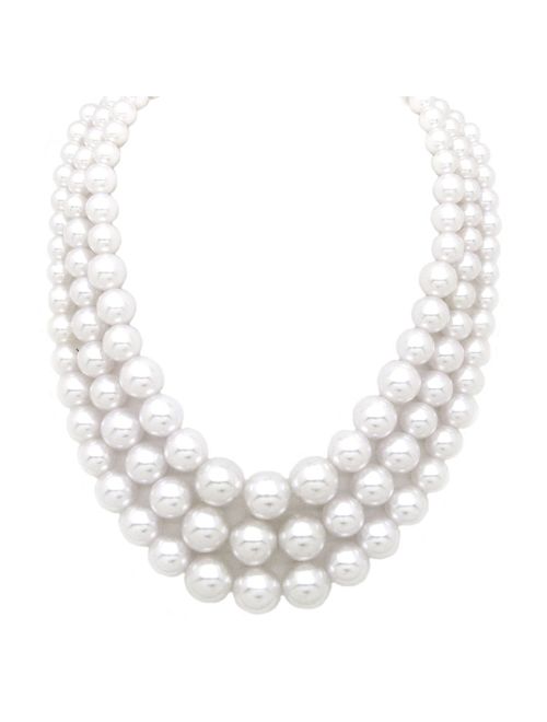 Women's Simulated Faux Three Multi-Strand Pearl Statement Necklace and Earrings Set