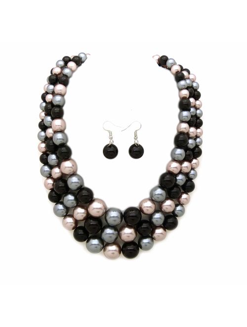 Women's Simulated Faux Three Multi-Strand Pearl Statement Necklace and Earrings Set