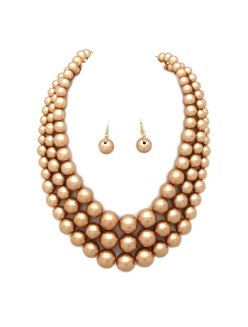 Women's Simulated Faux Three Multi-Strand Pearl Statement Necklace and Earrings Set