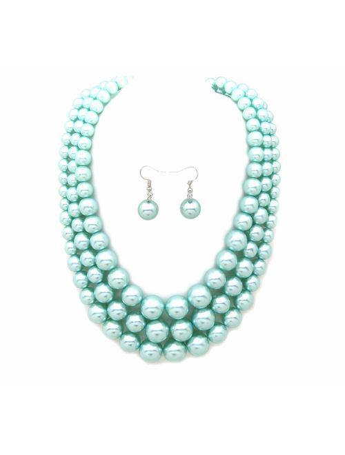 Women's Simulated Faux Three Multi-Strand Pearl Statement Necklace and Earrings Set