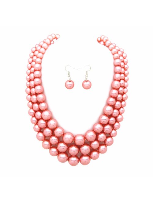 Women's Simulated Faux Three Multi-Strand Pearl Statement Necklace and Earrings Set