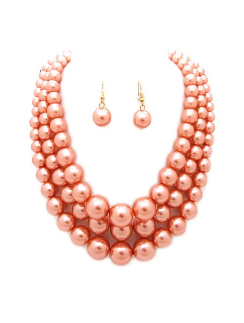 Women's Simulated Faux Three Multi-Strand Pearl Statement Necklace and Earrings Set