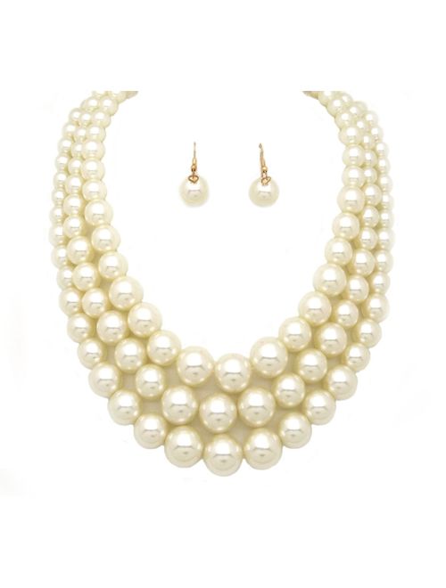 Women's Simulated Faux Three Multi-Strand Pearl Statement Necklace and Earrings Set