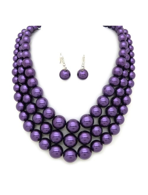 Women's Simulated Faux Three Multi-Strand Pearl Statement Necklace and Earrings Set