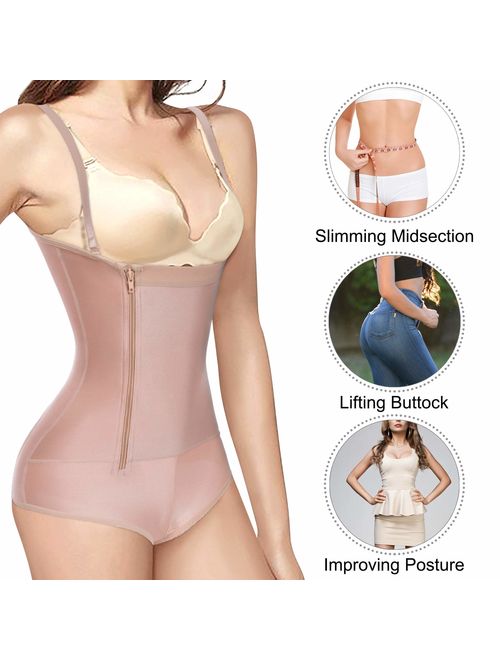 Nebility Women Latex Waist Trainer Bodysuit Slim Full Body Zipper Shapewear Tummy Control Corset