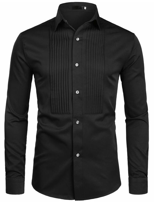 ZEROYAA Mens Slim Fit Long Sleeve Tuxedo Dress Shirts/Prom Performing Shirts