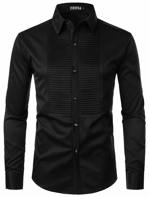 ZEROYAA Mens Slim Fit Long Sleeve Tuxedo Dress Shirts/Prom Performing Shirts