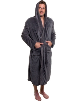 Mens Plush Shawl Collar Kimono Hooded Bath Robe (Navy, L/XL)