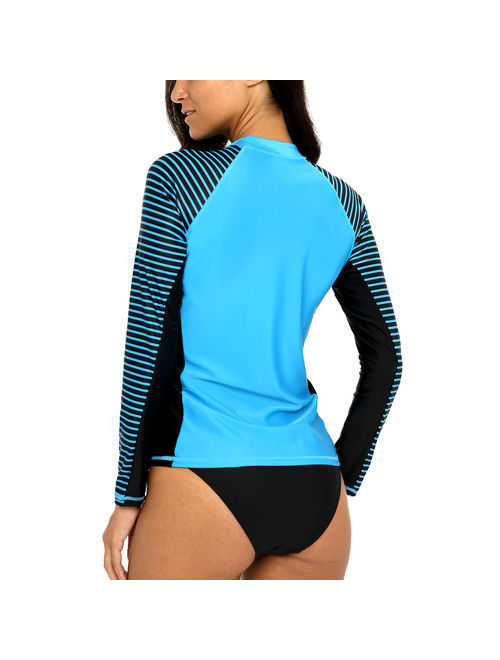 Charmo Women's Long Sleeve Rashguard UPF 50+ Sun Protection Swimsuit Top Striped Swim Shirts for Swimming, Hiking, Surfing