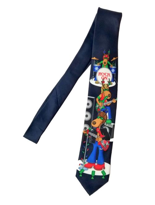 Men's Navy Christmas Rock On Reindeer Neck Tie Holiday Necktie
