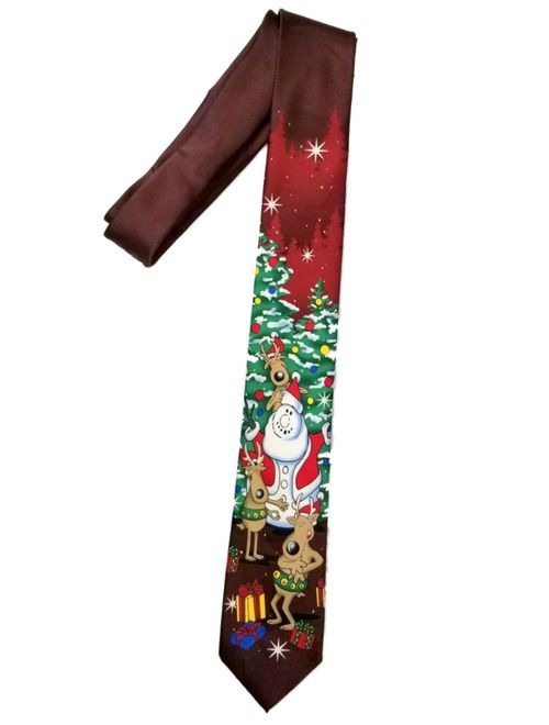 Men's Brown Christmas Tie Santa Snowman with Reindeer Holiday Necktie