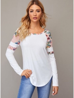 Floral Raglan Sleeve Curved Hem Tee