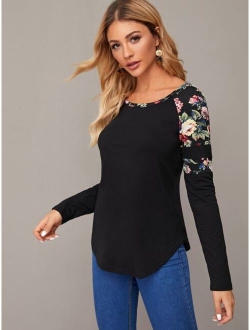 Floral Raglan Sleeve Curved Hem Tee