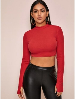 Mock-neck Thumb Hole Fitted Crop Tee