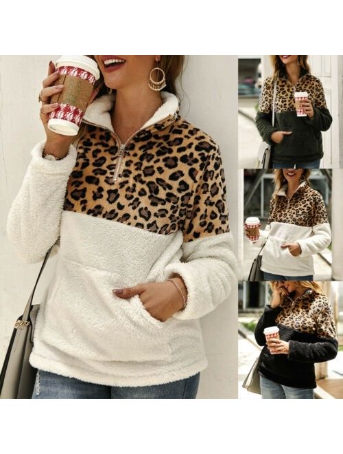 2019 Winter Fleece Sweater Fashion Leopard Patchwork Fluffy Thick Sweaters Warm Zipper Pullovers Women Winter Coat Sherpa Tops