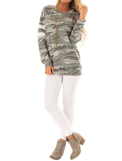 Nlife Women's Round Neck Long Sleeve Camouflage Sweatshirt