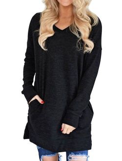 Women V-Neck Long Sleeves Pure Color Pocket Sweatshirt