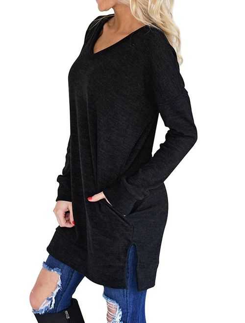 Women V-Neck Long Sleeves Pure Color Pocket Sweatshirt